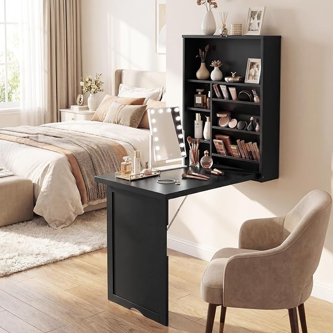 Tangkula Folding Wall Mounted Desk, Convertible Fold Out Floating Table with Storage Shelves, Space-Saving Drop Leaf Table, Murphy Desk for Craft, Study, Small Spaces, Home Office, Dorm, Black