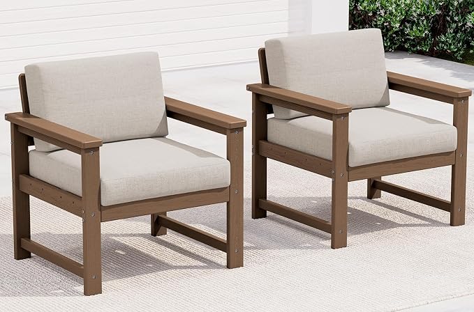 SERWALL 2 Pieces Single Cushioned Lounge Chair, HDPE Outdoor Adirondack Sofa Armchair with Cushion, Brown Frame/Khaki Cushion