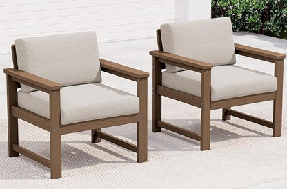 SERWALL 2 Pieces Single Cushioned Lounge Chair, HDPE Outdoor Adirondack Sofa Armchair with Cushion, Brown Frame/Khaki Cushion