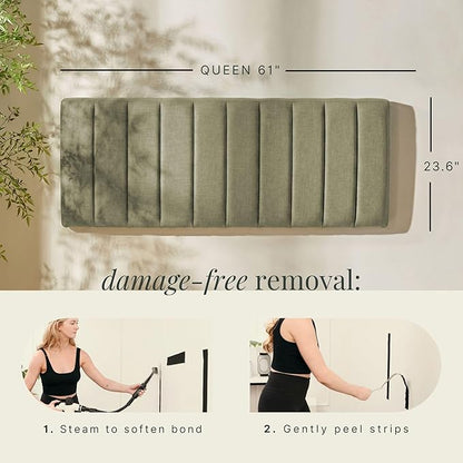 Hearth & Harbor Wall Mounted Queen Headboard Only, Bed Headboard Queen Size | Easy Assemble, Floating Peel & Stick, Upholstered Channel Stitched, 3D Wall Panels, 5 Strips of 3M Tape Included, Olive Green