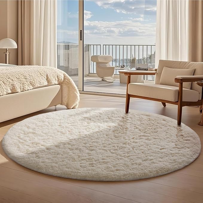 Ophanie Round Rugs 8Ft Ivory Circle Area Rug Washable, Large Living Room Aesthetic Decor, Fluffy Fuzzy Bedroom Big Carpet,Plush Soft Shaggy Cream for Kids Home Nursery with Over 99 pcs Pile fibers