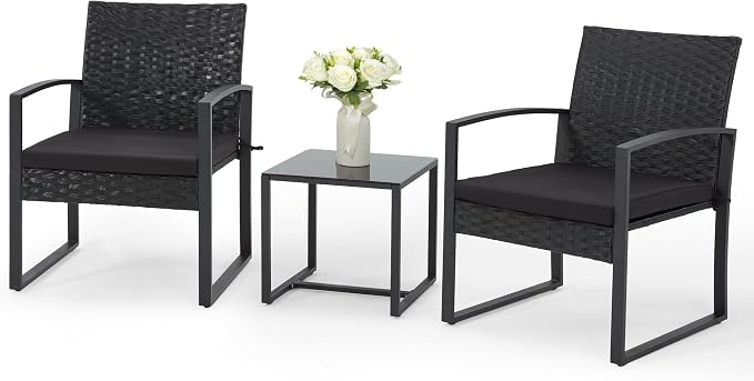 Bezseller 3 Pieces Patio Furniture Set, Outdoor Rattan Bistro Set with Coffee Table, Durable Steel Frame with Strapped Cushions for Garden, Balcony, Poolside, Backyard