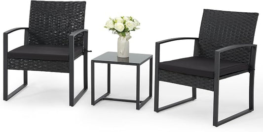 Bezseller 3 Pieces Patio Furniture Set, Outdoor Rattan Bistro Set with Coffee Table, Durable Steel Frame with Strapped Cushions for Garden, Balcony, Poolside, Backyard