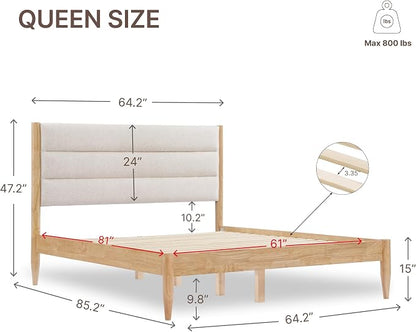 KISLOT Wood Bed Frame with Upholstered Headboard Wooden Platform with Silent Slat Support Mattress Foundation No Box Spring Needed, Easy Assembly