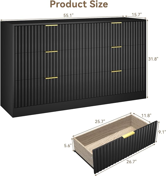 Black 6 Drawer Dresser for Bedroom, 55" Wide Fluted Chest of Drawers with Gold Metal Handles, Wood Dresser Storage Organizer Mid Century TV Stand for Living Room Closet Hallway