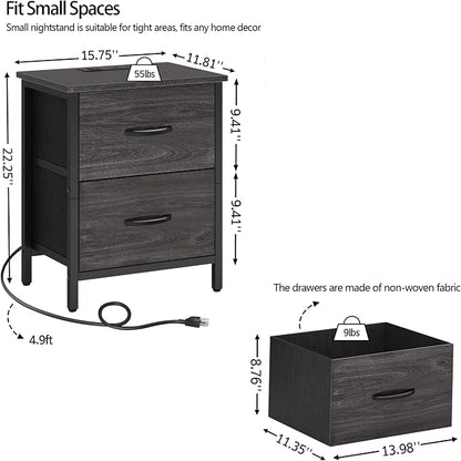 Vagusicc Nightstand Set of 2 with Charging Station, End Table Bedside Table with Power Outlet & USB Ports, Side Table with 2 Fabric Drawers for Bedroom, Living Room, Gray Walnut