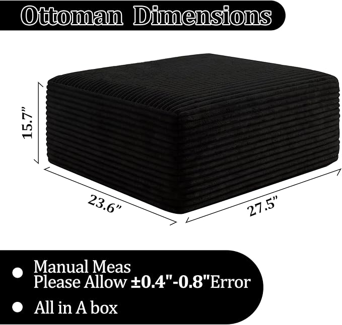 Corduroy Ottoman, Modern Boneless Cloud Foot Rest Foam Support, Oversized Modular Sectional Sofa Stool for Living Room, Bedroom & Small Spaces, No Assembly Required (Black, Ottoman)