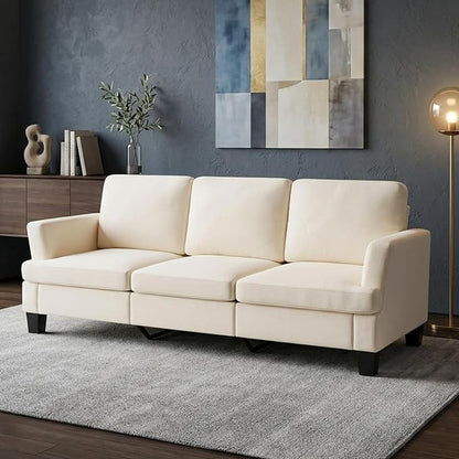 Modern 3 Seater Sofa for Living Room with Soft Deep Seats, Sofa 3 Seater in Linen, Upholstered Apartment Sofa with Armrests, Comfy Cozy Sofas for Bedroom, Linen, Beige