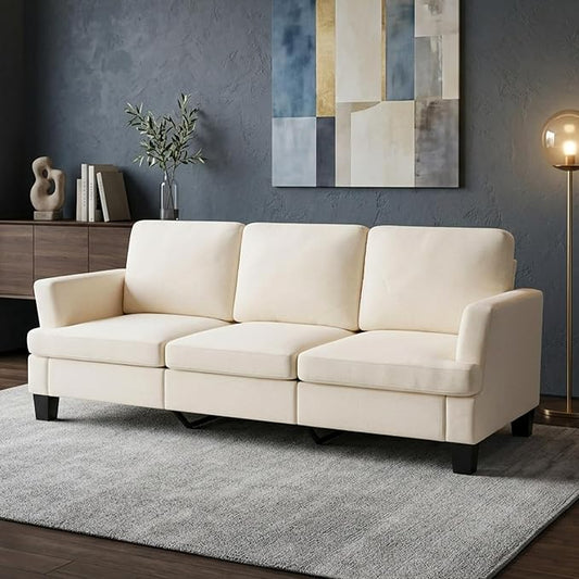 Modern 3 Seater Sofa for Living Room with Soft Deep Seats, Sofa 3 Seater in Linen, Upholstered Apartment Sofa with Armrests, Comfy Cozy Sofas for Bedroom, Linen, Beige
