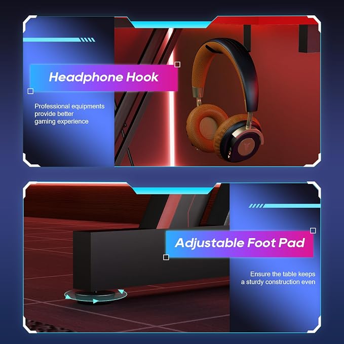 BestOffice 39" Gaming Desk Computer Gaming Desk Z Shaped Gaming Workstation Ergonomic Gaming Table with Headphone Hook for Game Players,Black&Red