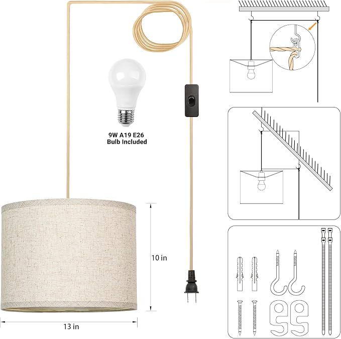 Qingmiao Boho Plug in Pendant Light, Hanging Lamp Plug in with LED Bulb, 3-Way Dimmable Hanging Light Fixture for Living Room Bedroom Kitchen Ceiling Farmhouse Home Decor