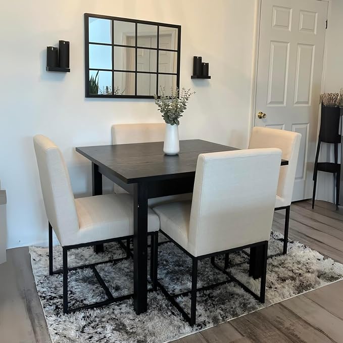 CIMOTA Modern Linen Dining Chair Set of 6, Mid Century Dining Room Chairs Fabric Upholstered Armless Side Chair with Black Sled Base for Dining Room, White Cream 6PCS