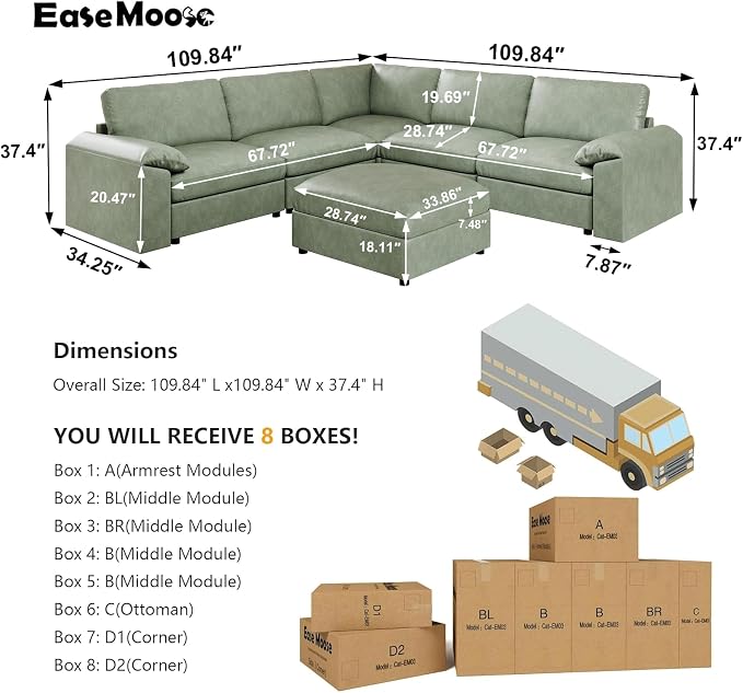 EASE MOOSE Oversized Modular Sectional Couch with Ottoman, Vintage Faux Leather Sectional Sofa with Deep Seat, Scratch Resistant Faux Leather Material, Extra Large L Shaped Couch,Deep Green