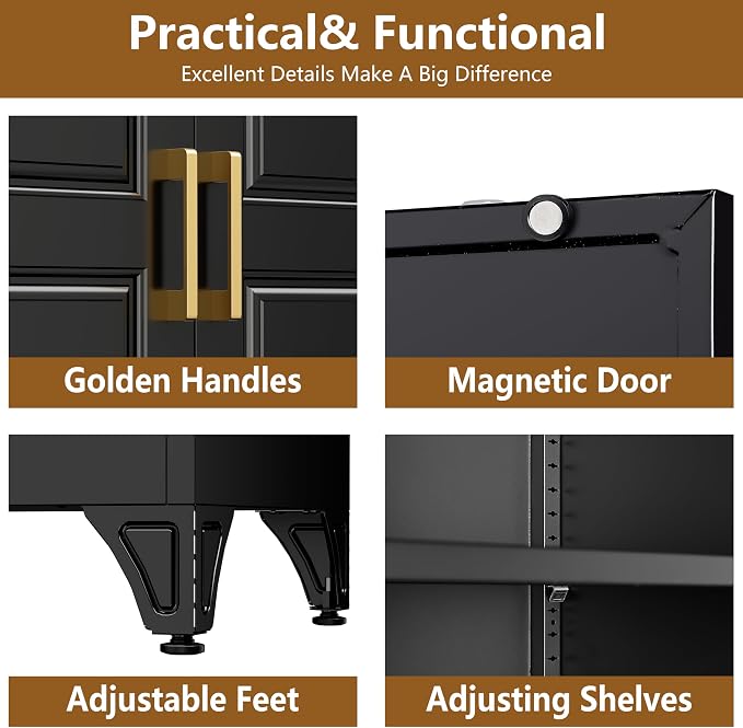 Polup Kitchen Pantry Cabinet, 75" Tall Pantry Cabinet with Three Drawers, Metal Storage Cabinets with Doors and Shelves, Freestanding Food Cupboard for Dining, Living Room, Black, Assembly Required