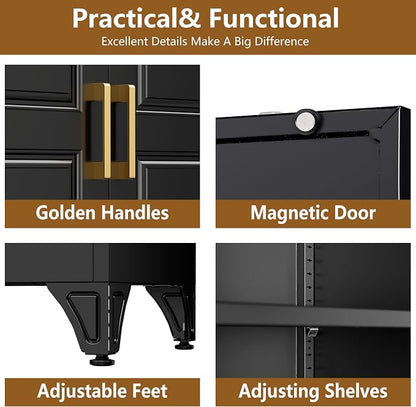 Polup Kitchen Pantry Cabinet, 75" Tall Pantry Cabinet with Three Drawers, Metal Storage Cabinets with Doors and Shelves, Freestanding Food Cupboard for Dining, Living Room, Black, Assembly Required