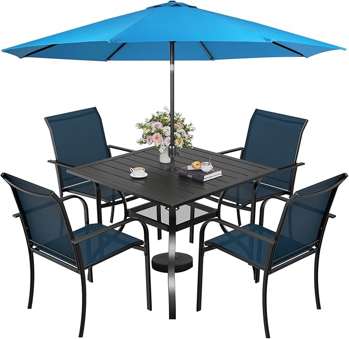 SUNCROWN 6 - Piece Outdoor Dining Set, Patio Furniture Set with 4 Textilene Dinning Chairs, 1 Steel Slat Metal Bistro Table and 1 Sky Blue 9Ft Patio Umbrella for Lawn Garden Backyard Deck, Blue