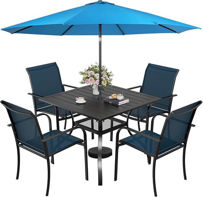 SUNCROWN 6 - Piece Outdoor Dining Set, Patio Furniture Set with 4 Textilene Dinning Chairs, 1 Steel Slat Metal Bistro Table and 1 Sky Blue 9Ft Patio Umbrella for Lawn Garden Backyard Deck, Blue
