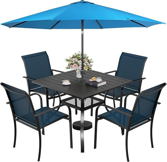 SUNCROWN 6 - Piece Outdoor Dining Set, Patio Furniture Set with 4 Textilene Dinning Chairs, 1 Steel Slat Metal Bistro Table and 1 Sky Blue 9Ft Patio Umbrella for Lawn Garden Backyard Deck, Blue