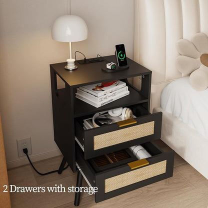 JOONEE Rattan Nightstand with Charging Station,Farmhouse Bedside Table with 2 Storage Drawer and Open Wood Shelf, for Bedroom and Small Spaces,Night Stand with Solid Wood Legs (Black-Outlet)