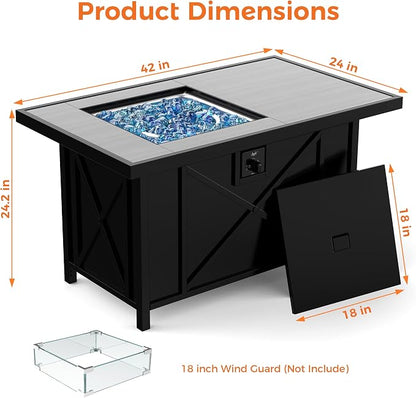 BALI OUTDOORS 42 inch 50,000 BTU Rectangular Propane Gas Fire Pit Table with Fire Glass and Table Lid, Fire Pits Outdoor for Garden, Patio, Backyard