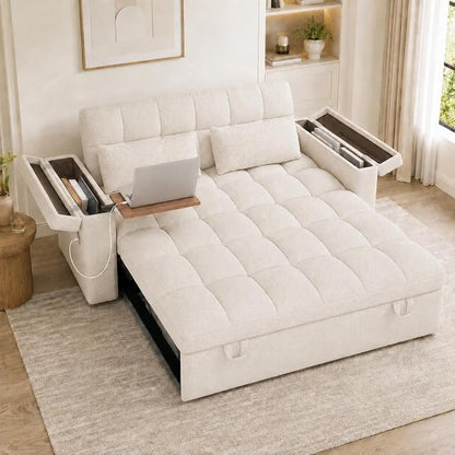 65'' Sleeper Sofa Bed, Pull Out Couch with Side Table | USB Charging Port | Adjustable Backrest | Chenille Fabric, Convertible Loveseat for Living Room, Apartment, Small Spaces (Beige)