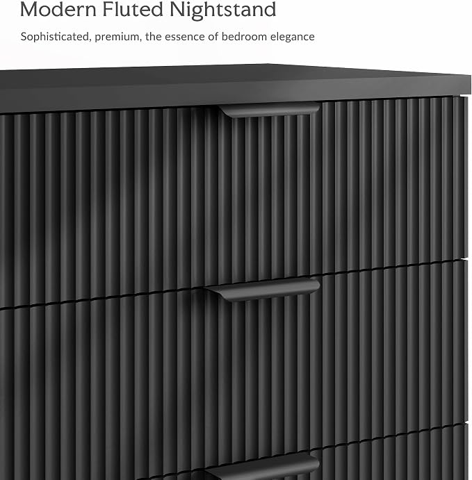 25.6" W Black Fluted Nightstand with 3 Drawer, Modern Wood Night Stands Bedside Table for Bedroom King/Queen Bed, End Table with Robot-Friendly Legs for Living Room,Entry
