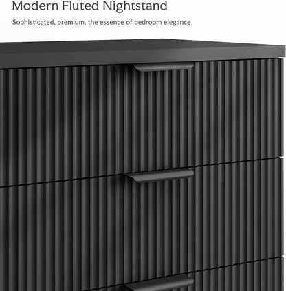 25.6" W Black Fluted Nightstand with 3 Drawer, Modern Wood Night Stands Bedside Table for Bedroom King/Queen Bed, End Table with Robot-Friendly Legs for Living Room,Entry