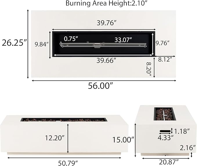 Merax 56" Rectangular MGO Propane Fire Pit Table, 50,000 BTU Outdoor Patio Heater with Modern Concrete Design for Backyard, Deck, Garden (Tank Cover Not Included), White