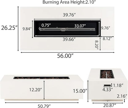Merax 56" Rectangular MGO Propane Fire Pit Table, 50,000 BTU Outdoor Patio Heater with Modern Concrete Design for Backyard, Deck, Garden (Tank Cover Not Included), White