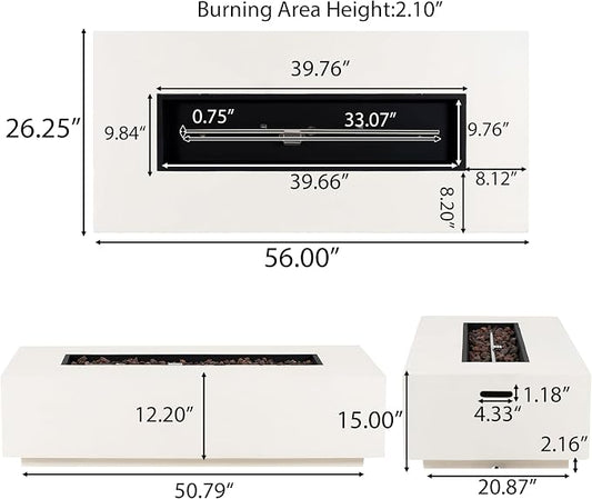 Merax 56" Rectangular MGO Propane Fire Pit Table, 50,000 BTU Outdoor Patio Heater with Modern Concrete Design for Backyard, Deck, Garden (Tank Cover Not Included), White