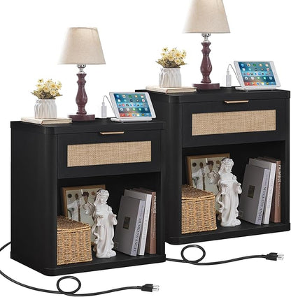 LEYAOYAO Rattan Nightstands Set of 2 with Charging Station, Black Night Stand with Drawer, 23" Wide Boho Bedside Table with Storage Shelf, Bed Side End Tables for Bedroom, Living Room, Hallway
