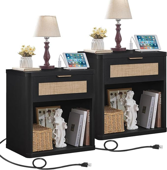 LEYAOYAO Rattan Nightstands Set of 2 with Charging Station, Black Night Stand with Drawer, 23" Wide Boho Bedside Table with Storage Shelf, Bed Side End Tables for Bedroom, Living Room, Hallway