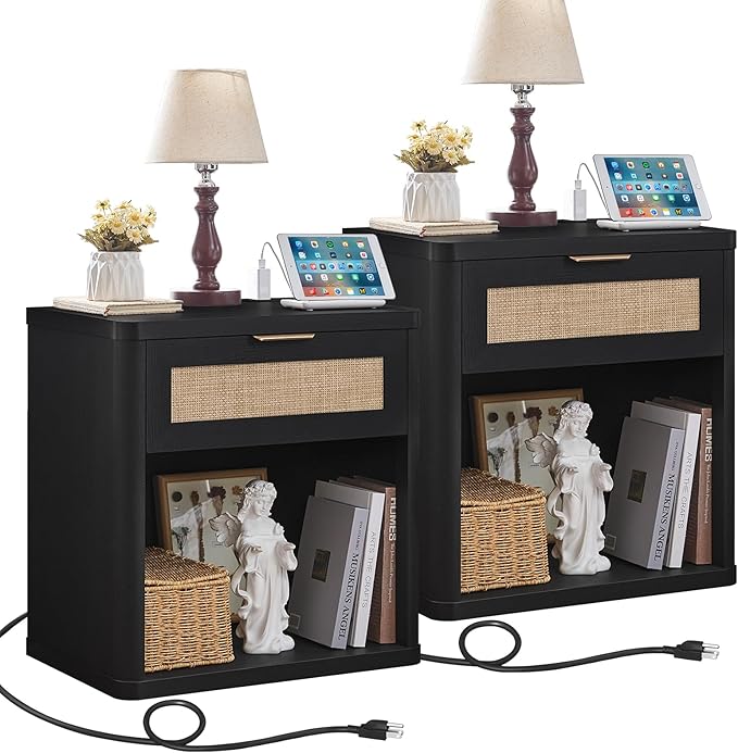 LEYAOYAO Rattan Nightstand with Charging Station, Black Night Stand with Drawer, 23" Wide Boho Bedside Table with Storage Shelf, Bed Side End Tables for Bedroom, Living Room, Hallway