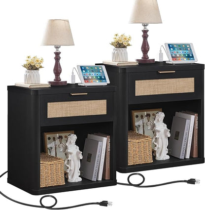 LEYAOYAO Rattan Nightstand with Charging Station, Black Night Stand with Drawer, 23" Wide Boho Bedside Table with Storage Shelf, Bed Side End Tables for Bedroom, Living Room, Hallway
