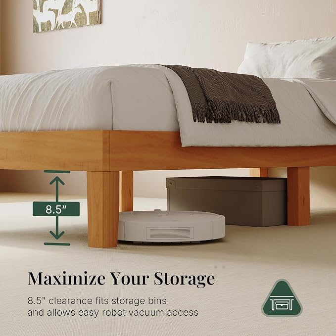 Sweetcrispy Twin Size Bed Frame 12 inch Heavy Duty Platform Bedframe, 500 lbs Capacity, Underbed Storage, No Box Spring Needed, Wooden Slats, Easy Assembly with Velcro, Honey Finish