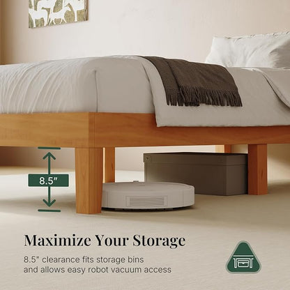 Sweetcrispy Full Size Bed Frame 12 inch Heavy Duty Platform Bedframe, 1000 lbs Capacity, Underbed Storage, No Box Spring Needed, Wooden Slats, Easy Assembly with Velcro, Honey Finish