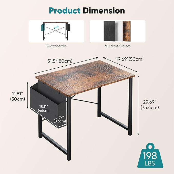 OLIXIS Small Computer Desk, 31 Inch Home Office Desks, Writing Study Craft Work Gaming Table, Computer Workstation for Bedroom Small Spaces with Storage Bag, Rustic Brown