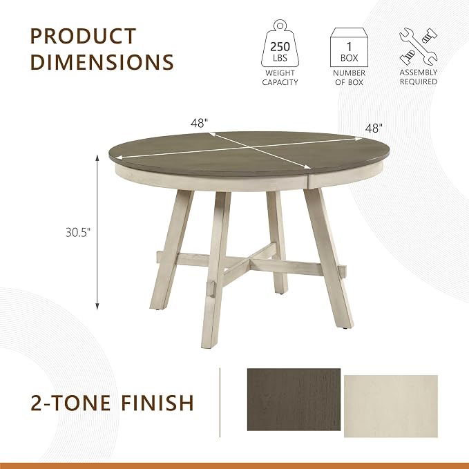 Lexicon 48 Inch Dia. Modern Round Dining Table, Wooden Kitchen Table, Seats for 4 People, Space Saving, for Kitchen, Dining Room, Two-Tone Finish (Greywash and Antique White)