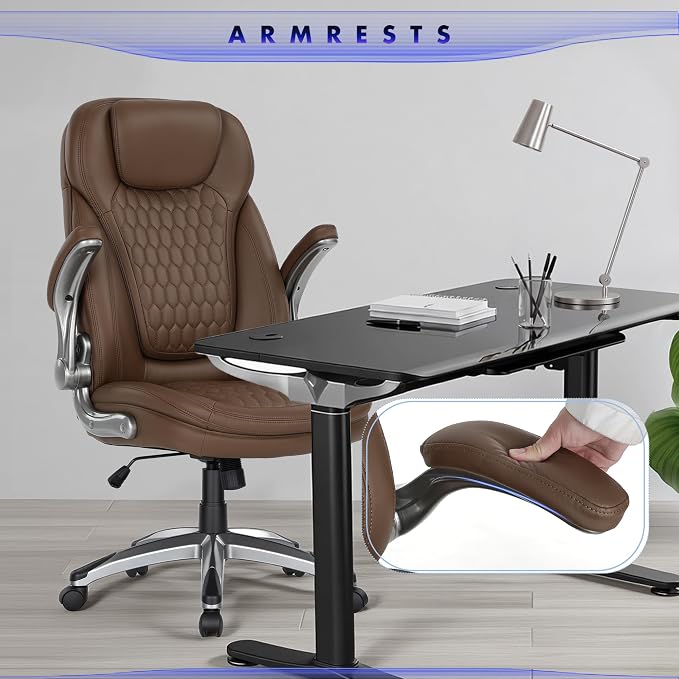 COLAMY High Back Executive Office Chairs Set of 2, Ergonomic PU Leather Desk Chairs with Flip-Up Armrests, Adjustable Height, Lumbar Support, Comfortable Computer Chairs for Home Office, Brown