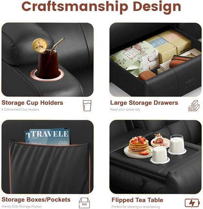 Loveseat Recliner, 3 Seater Massage Reclining Sofa Sets Heavy Weight Capacity, RV Loveseat Couch Clearance with Drop Down Table, Storage, Cup Holders, Wall Hugger Reclining Couch for Living Room