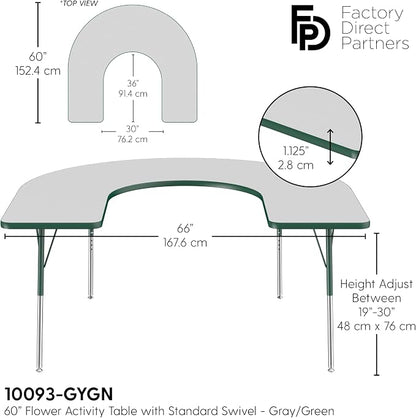 FDP Horseshoe Activity School and Office Table (60 x 66 inch), Standard Legs with Swivel Glides for Collaborative Seating Environments, Adjustable Height 19-30 inches - Gray Top and Green Edge