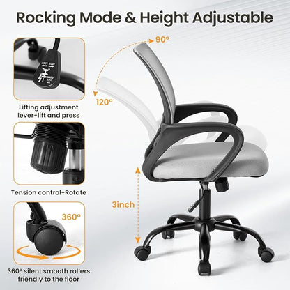 OLIXIS Office Desk Chair - Ergonomic Mid Back with Lumbar Support & Rocking Mode, Height Adjustable with Fixed Armrest, for Home, Computer, Gaming, Conference, Meeting Room, 360° Swivel, Grey, 2 Pack