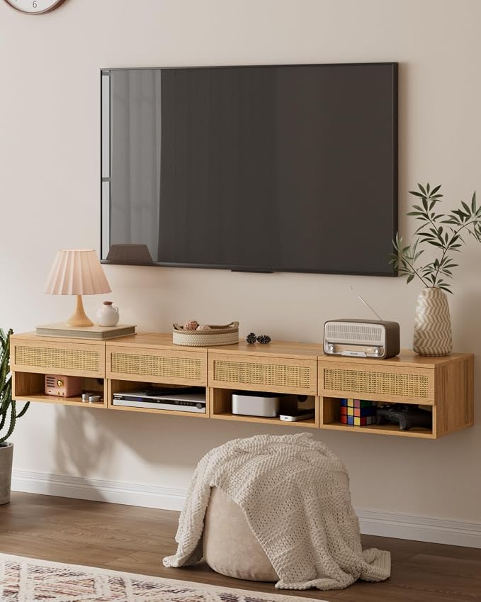 Floating Nightstand, Small Modern Floating Nightstand with Drawer, Floating Shelves for Bedroom, Bathroom (Oak Rattan)