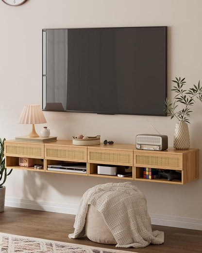 Floating Nightstand, Small Modern Floating Nightstand with Drawer, Floating Shelves for Bedroom, Bathroom (Oak Rattan)