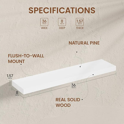 Heimlove Wooden Floating Shelves for Wall, White Pine Shelves Set of 2, 36 in Rustic Wood 8 Inch Deep Floating Shelf with Invisible Brackets for Bedroom Kitchen Living Room - Classic White
