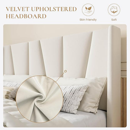 SHA CERLIN Queen Size Velvet Bed Frame with Geometric Wingback Headboard, Upholstered Platform Bed with Wooden Slats Support, 8" Under-Bed Space, No Box Spring Needed, Easy Assembly, Cream