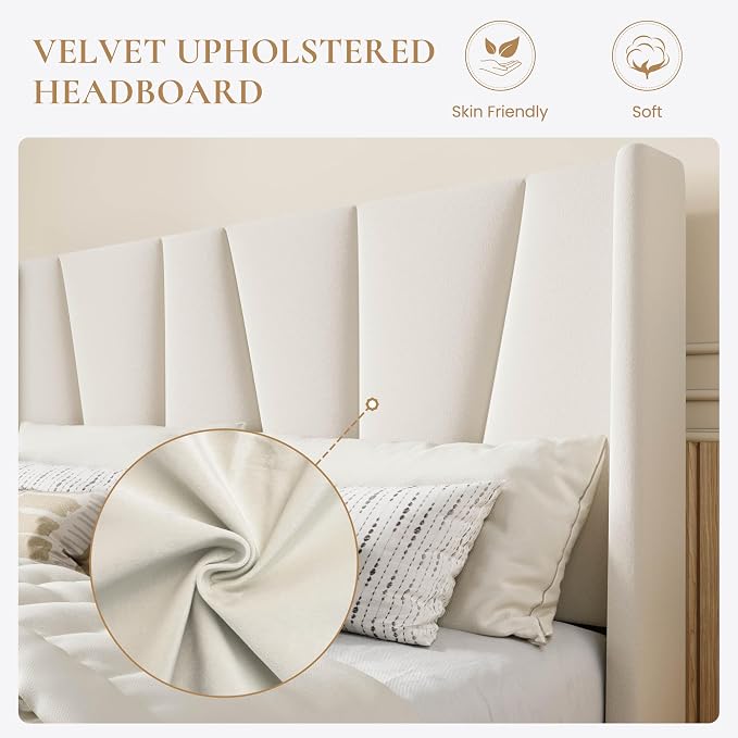 SHA CERLIN King Size Velvet Bed Frame with Geometric Wingback Headboard, Upholstered Platform Bed with Wooden Slats Support, 8" Under-Bed Space, No Box Spring Needed, Easy Assembly, Cream