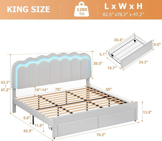 King Upholstered LED Bed Frame with 2 Storage Drawers and Adjustable Chic Double Wavy Headboard, Velvet Princess Platform Bed with Charing Station, Solid Wood Slats Support, No Box Spring Needed, Grey