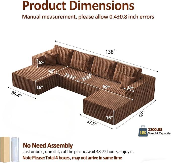 138" Modern Modular Sectional Sofa, U-Shaped Cloud Couch, Soft Corduroy Boneless Couch with 3060 High Rebound Memory Foam, Sectional Couches for Living Room-Brown(Left Facing Chaise)