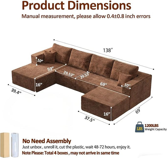 138" Modern Modular Sectional Sofa, U-Shaped Cloud Couch, Soft Corduroy Boneless Couch with 3060 High Rebound Memory Foam, Sectional Couches for Living Room-Brown(Left Facing Chaise)